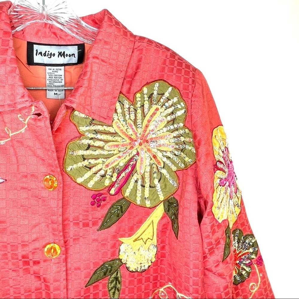 Indigo Moon Cotton Jacket Floral Embroidery Beaded - Picture 3 of 8